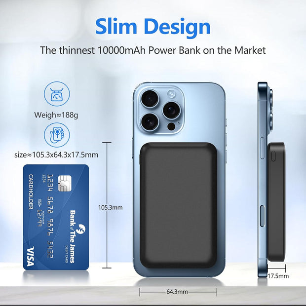 Mag-Safe Wireless Power Bank for Iphone, Fast Charging 10000Mah Strong Magnetic Portable Phone Charger, [Alloy Made] 22.5W PD USB-C Battery Pack for Iphone 16/15/14/13/12 (Black)