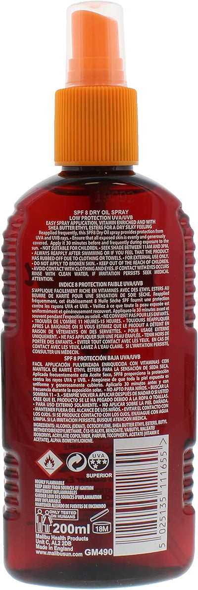 Malibu Sun SPF 8 Non-Greasy Dry Oil Spray for Tanning with Shea Butter Extract, Low Protection, Water Resistant, 200Ml