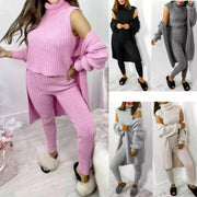Womens 3 Piece Suit Roll Neck Chunky Knitted Tracksuit Ladies Rib Loungewear Set