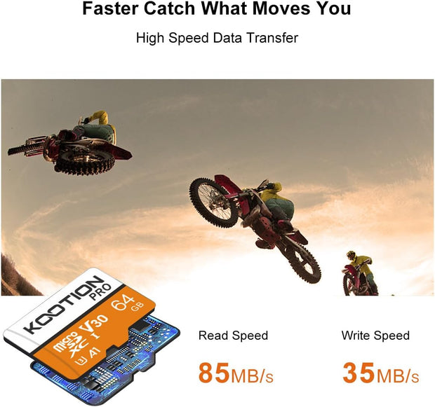 KOOTION 64 GB Micro SD Card, 4K Camera Pro, UHD Video for Gopro, Action Camera, Drone, Smartphone, R/W up to 90/35 Mb/S Microsdxc Memory Card UHS-I U3 A1 V30