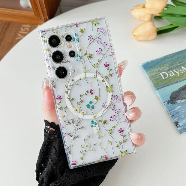 Magnetic Magsafe Case for Samsung S23 FE S22 S24 Ultra Clear Floral Soft Cover