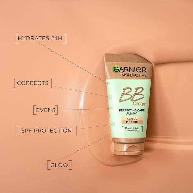 Garnier Skinactive Classic Perfecting All-In-1 BB Cream, Shade Classic Medium, Tinted Moisturiser SPF 15, Brightens and Evens Skin, with Hyaluronic Acid, Aloe & Mineral Pigments, 50 Ml , Pack of 1