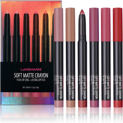 Enmart 6 Pcs Matte Lipstick Set, Lip Liner Crayon Pencil, Nude Longwear Waterproof Long Lasting Soft Pen, Red Brown Lipstic Female Christmas Cosmetic Makeup Lip Gloss Kit for Women