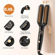 Hair Straightener Brush, 2 in 1 Ionic Hair Straightener Brush Hot Comb, 5 Temps, Ceramic Straightener Comb Fast Heating for Home Salon, Double Heating Plate & Dual Voltage