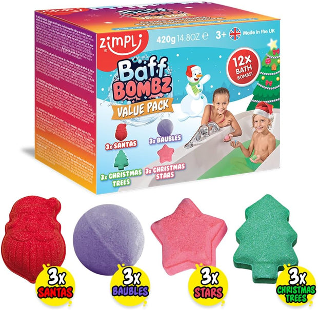 12 X Christmas Bath Bomb Gift Set from Zimpli Kids, Great Value Stocking Fillers for Children, Bath Fizzers, Xmas Presents for Boys & Girls, Organic, Moisturising, Vegan Friendly & Cruelty Free