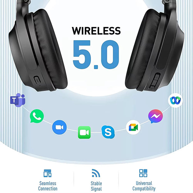 40Hours Bluetooth Active Noise Cancelling Headphones CVC 8.0 Mic Hi-Fi Bass Foldable Wireless Wired Headset for Home Office