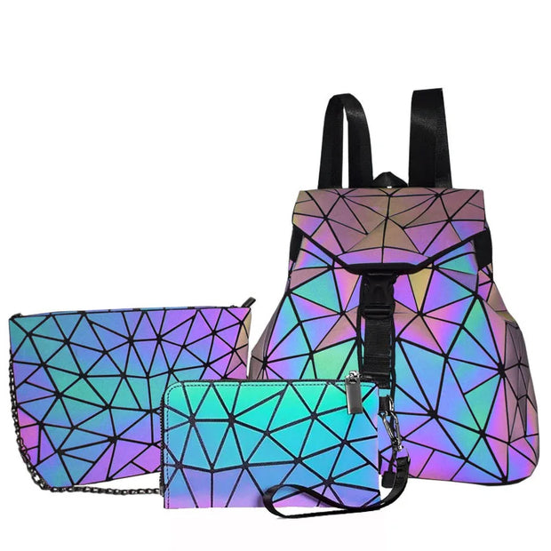 Fashion Geometric Luminous Purses and Handbags for Women Fashion Reflective Crossbody Bag Backpacks Wallet Clutch 3 Piece Sets