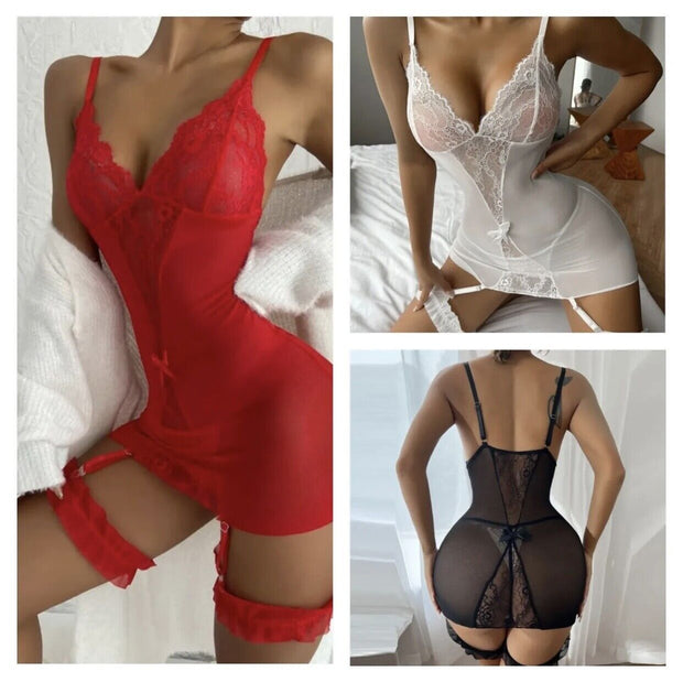 Lingerie Mini Dress Underwear Garters Ladies Sleepwear Sexy Transparent Babydoll