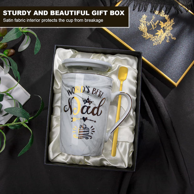 Fathers Day Birthday Gifts for Dad from Daughter Son - World'S Best Dad - Daddy Mug Printed with Gold, Funny Father'S Presents, 14Oz Grey Ceramic Gold Print Coffee Cup, Lid Spoon Card, Nice Gift Boxed