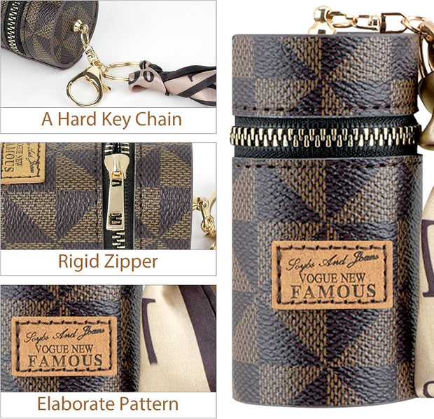 Adorila Mini Leather Lip Gloss Case, Travel Lipstick Bag with Keychain, Brown