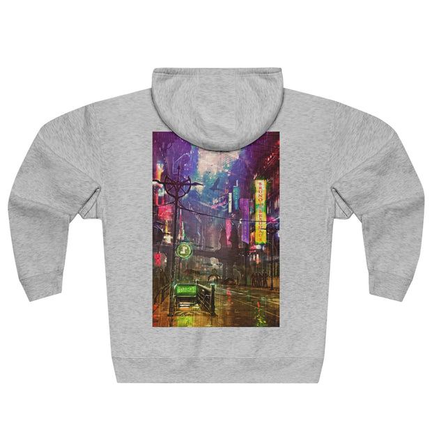 Cyberpunk style city skyline zip hoodie