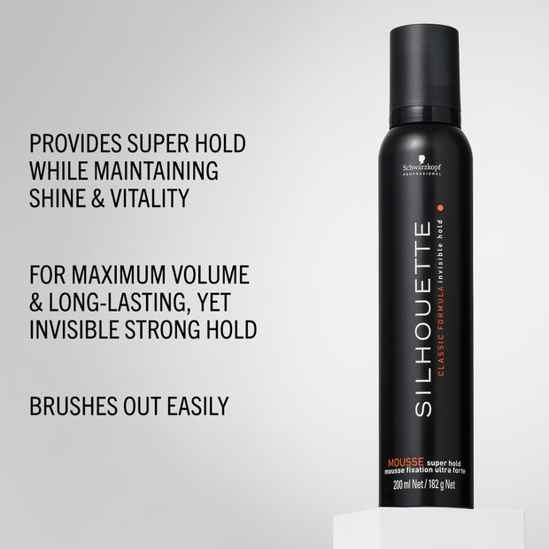 Silhouette Super Hold Hair Mousse for Hair Styling without Overburdening Strong Invisible Long Lasting Hold Quick Drying Non Sticky Super Shine 200 Ml