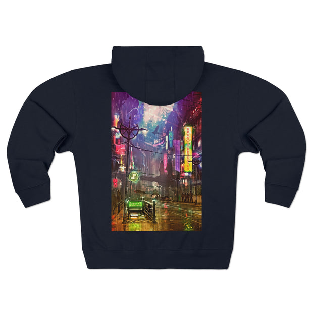 Cyberpunk style city skyline zip hoodie