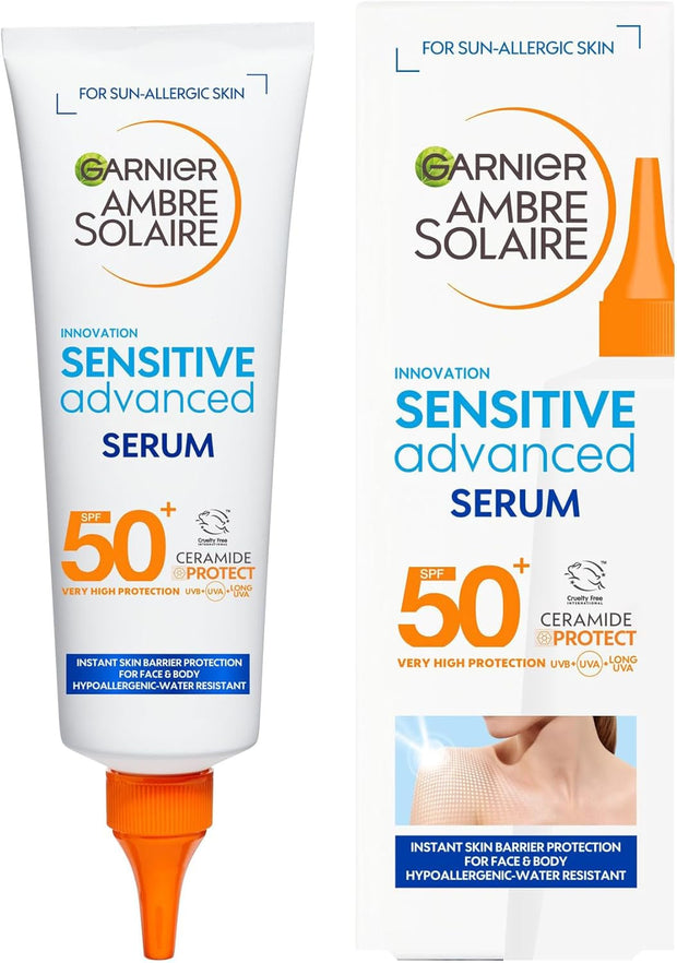 Garnier Ambre Solaire SPF 50+ Sun Protection Serum Face & Body, Non-Sticky, Non-Greasy Fluid Texture, No White Cast, Sensitive Advanced, 125 Ml (Pack of 2)