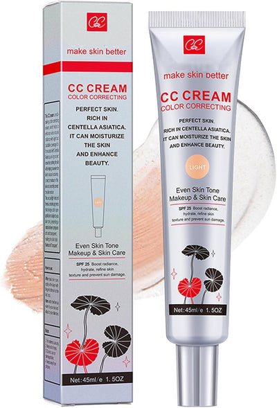 CC Cream with Centella Asiatica, Color Correcting CC Cream Lightweight Skin Perfector Tinted Moisturiser, Full Coverage Invisible Pores Face Concealer Makeup CC Cream Light with SPF 25