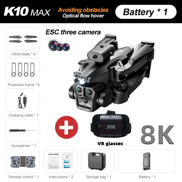 K10 MAX Drone HD 4K Three Cameras Aerial Photography UAV Obstacle Avoidance Optical Flow Positioning Aircraf Toys Christmas Gift