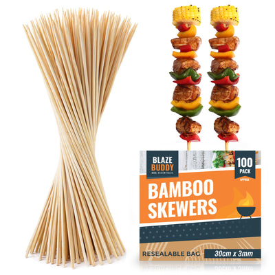 100 Bamboo Skewers 30Cm 12" BBQ Kebab Fruit Chocolate Fondue Grill Wooden Sticks