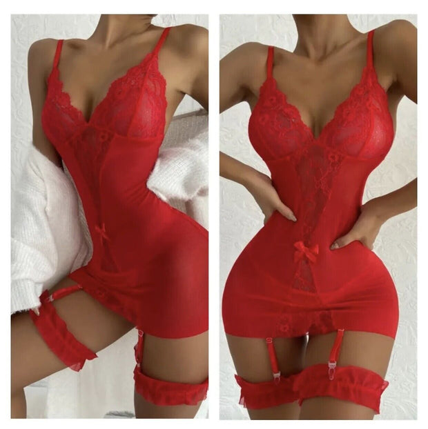 Lingerie Mini Dress Underwear Garters Ladies Sleepwear Sexy Transparent Babydoll