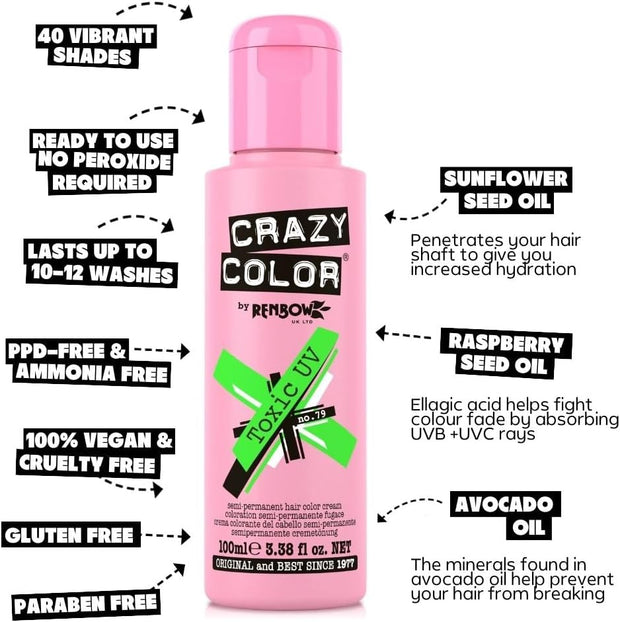 Vibrant Toxic UV Semi-Permanent Hair Dye. Highly Pigmented Neon Green Conditioning & Oil Nourishing Vegan Formula | No Bleach or Ammonia | 100Ml (Pack of 2)