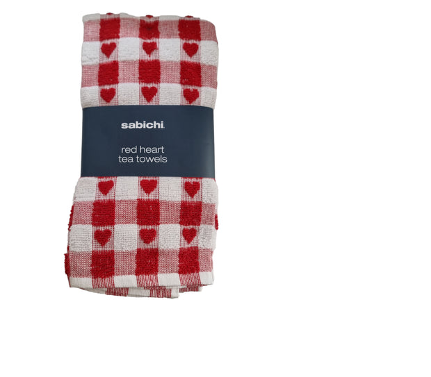 Heart Tea Towels X 2 Red Hearts Shaped Cotton Kitchen Super Absorbent Cloths
