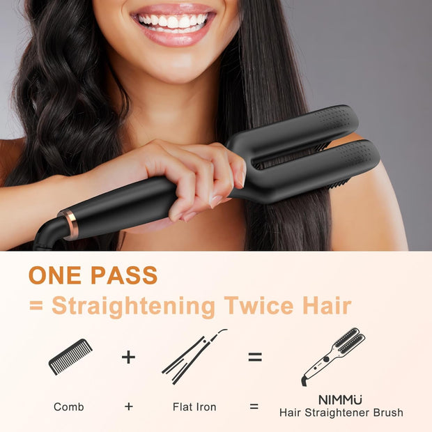 Hair Straightener Brush, 2 in 1 Ionic Hair Straightener Brush Hot Comb, 5 Temps, Ceramic Straightener Comb Fast Heating for Home Salon, Double Heating Plate & Dual Voltage