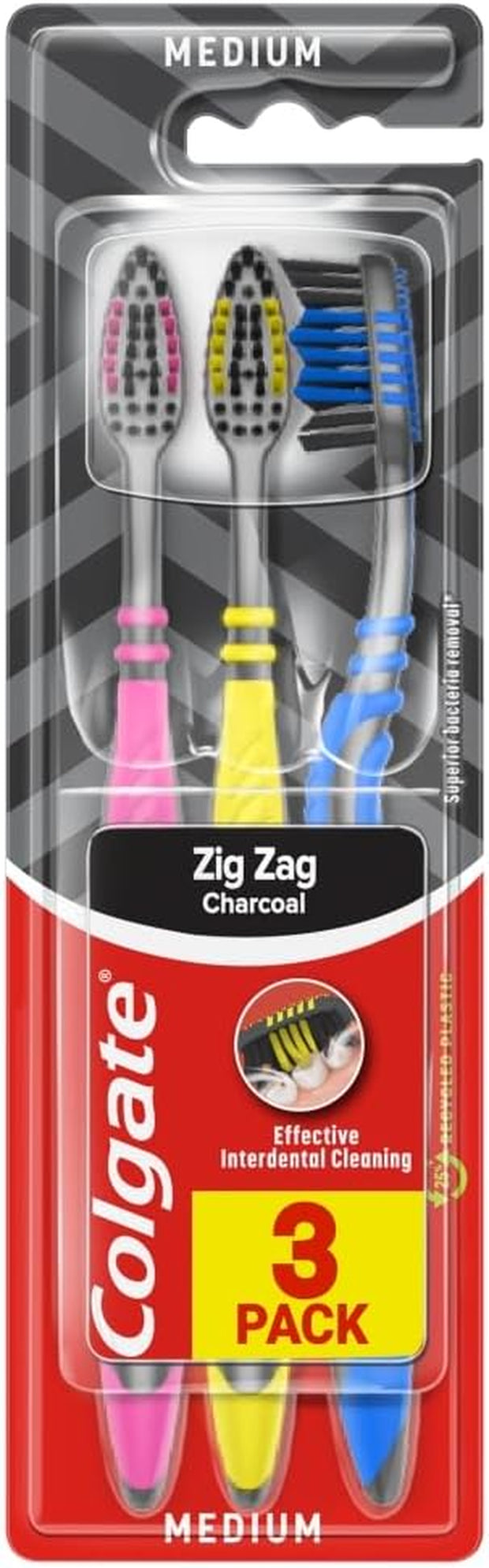 Colgate Zig Zag Medium Manual Toothbrush Pack of 3, Multi Angle Cross Bristles with Flexible Neck for Gum Comfort, 3 Count (Pack of 1)