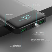 YONHUIZI Portable Charger, 10800Mah LCD Display Compact Ultra Slim Power Bank, 20W PD USB-C In&Out Fast Charging Battery Pack,3 Outputs Portable Phone Charger for Iphone 15 14,Samsung Android -Black