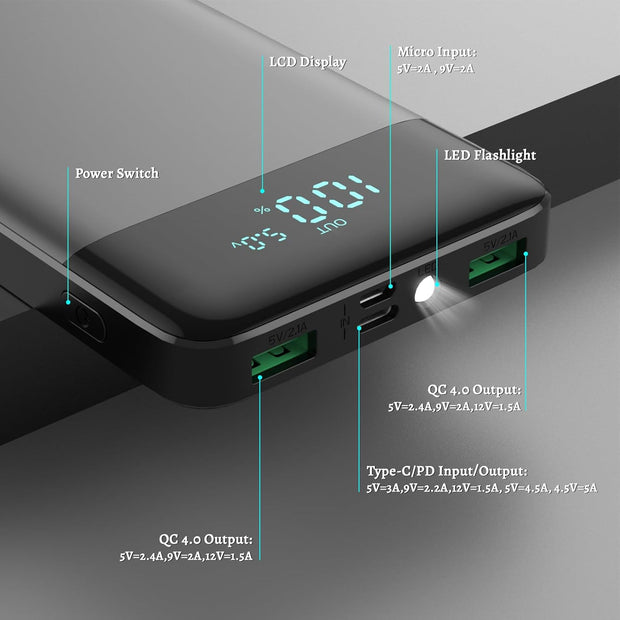 YONHUIZI Portable Charger, 10800Mah LCD Display Compact Ultra Slim Power Bank, 20W PD USB-C In&Out Fast Charging Battery Pack,3 Outputs Portable Phone Charger for Iphone 15 14,Samsung Android -Black