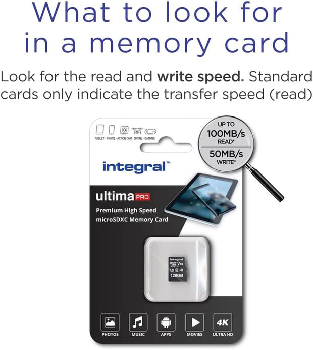 Integral 128GB Micro SD Card 4K Video Premium High Speed Memory Card SDXC up to 100MB S Read and 50MB S Write Speed V30 C10 U3 UHS-I A1