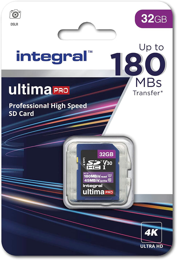 Integral 32GB SD Card 4K Ultra-Hd Video Premium High Speed Memory Card SDXC up to 100Mb/S SDXC V30 UHS-I U3 Class 10 SD Memory Card, Black
