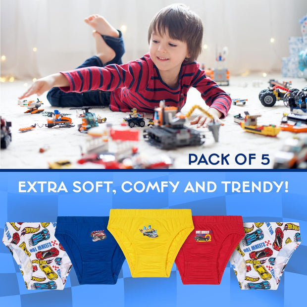 Hot Wheels Boys Underwear Briefs, Comfy Breathable Cotton Pants for Kids - Pack of 5