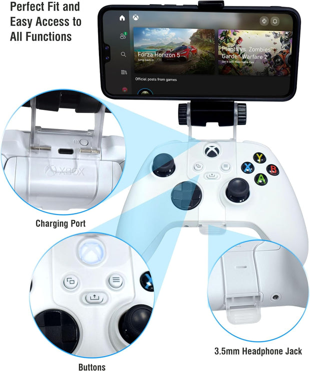 Joso Mobile Phone Holder for Xbox Controller, Cellphone Mount Clamp Compatible with Xbox Series S/X, Xbox One/S/X Gamepad, Adjustable Clip with 2 Thumb Grip Caps