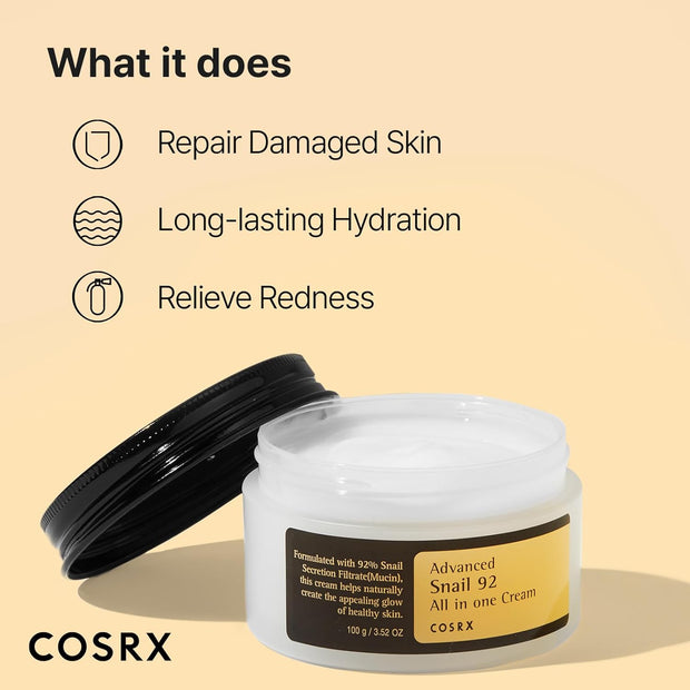 COSRX Advanced Snail 92 All in One Cream Korean Snail Mucin Face Cream & Gel Moisturiser for Dry Sensitive and anti Aging Skin, Daily Soothing and Moisturising Cream, Korean Skincare 100G