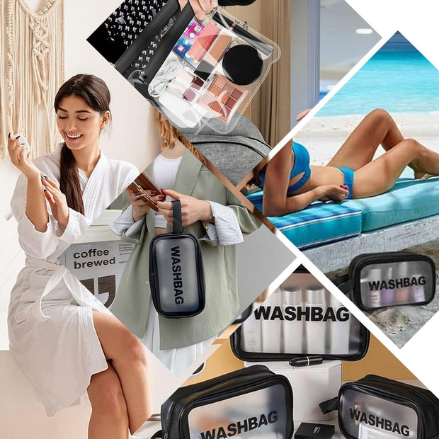 WUBAYI 5Pcs Clear Toiletry Bag, Waterproof PU Makeup Bag with Zipper Handle, Portable Airport Cosmetic Bag for Women & Men, Travel Accessories Wash Bag for Travelling & Holiday (Black)