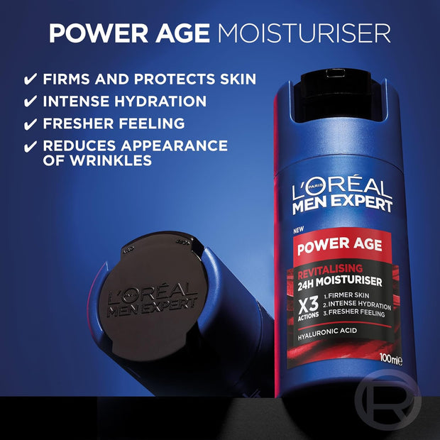 L'Oreal Men Expert Power Age Moisturiser, Hydrating & Revitalising Hyaluronic Acid Moisturiser for Men, Designed for Ageing, Dry & Dull Skin 100Ml, 1