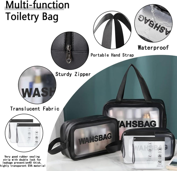 WUBAYI 5Pcs Clear Toiletry Bag, Waterproof PU Makeup Bag with Zipper Handle, Portable Airport Cosmetic Bag for Women & Men, Travel Accessories Wash Bag for Travelling & Holiday (Black)