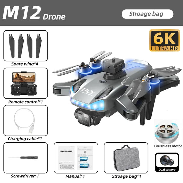 The New M12 RC Drone 8K Brushless Professional Edition Is Equipped with a Wide-Angle Three Tracking Camera with 12 Color Lights