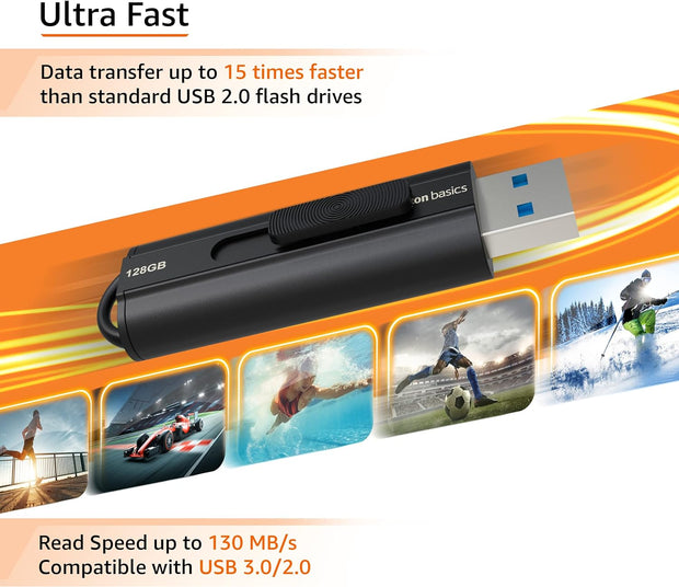 Amazon Basics 128 GB, USB 3.1 Flash Drive, Read Speed up to 130 Mb/S, Black