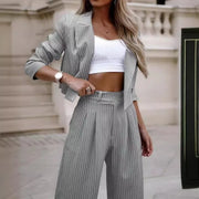 Sense of Design Arrivals Spring Summer Women Clothing Temperament Leisure Striped Short Style Lapel Suit Straight-Leg Pants Suit