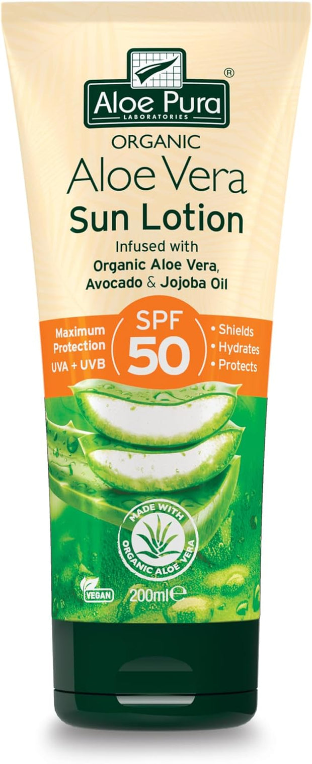 Aloe Pura, Organic Aloe Vera Sun Lotion SPF 50, Natural, Vegetarian, Cruelty Free, Paraben & SLS Free, Long-Lasting Shield, Maximum Protection, 200Ml