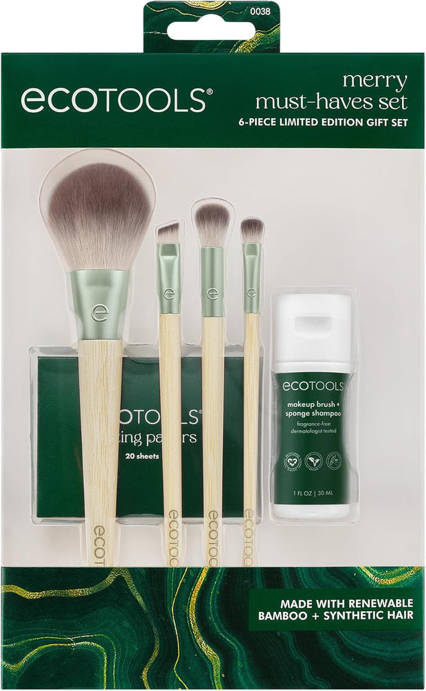 Limited Edition Merry Must-Haves Kit, Face & Eyeshadow Makeup Brushes, Brush Shampoo & Cleanser, Blotting Papers for Matte Makeup, Eco-Friendly, 6 Piece Gift Set