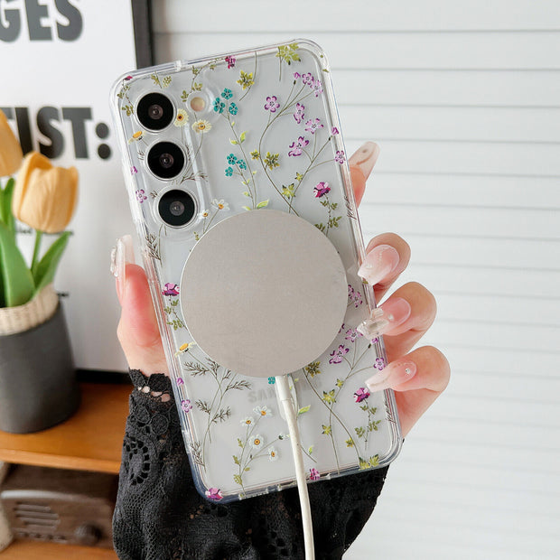 Magnetic Magsafe Case for Samsung S23 FE S22 S24 Ultra Clear Floral Soft Cover