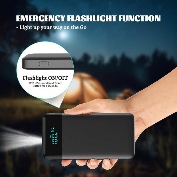 YONHUIZI Portable Charger, 10800Mah LCD Display Compact Ultra Slim Power Bank, 20W PD USB-C In&Out Fast Charging Battery Pack,3 Outputs Portable Phone Charger for Iphone 15 14,Samsung Android -Black