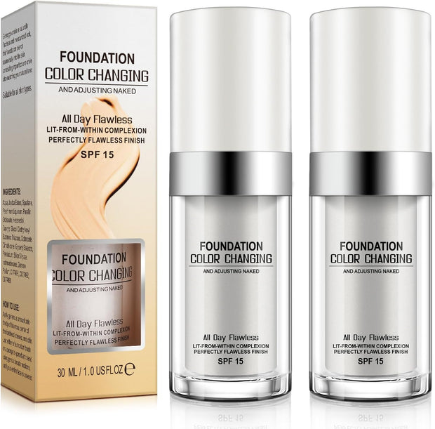 2Pcs Color Changing Foundation Spf15,Seamless Tone-Matching,Long-Lasting Hydration Nourishment, and Sun Protection for All Skin