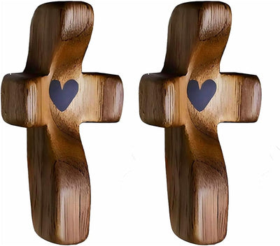 Tiardey 2Pcs Wooden Crosses Handheld Wooden Protection Cross Jesus Wooden Heart-Shaped Stress Relief Cross My Heart Encourages Gifts Thumb-Held Cross for Prayer