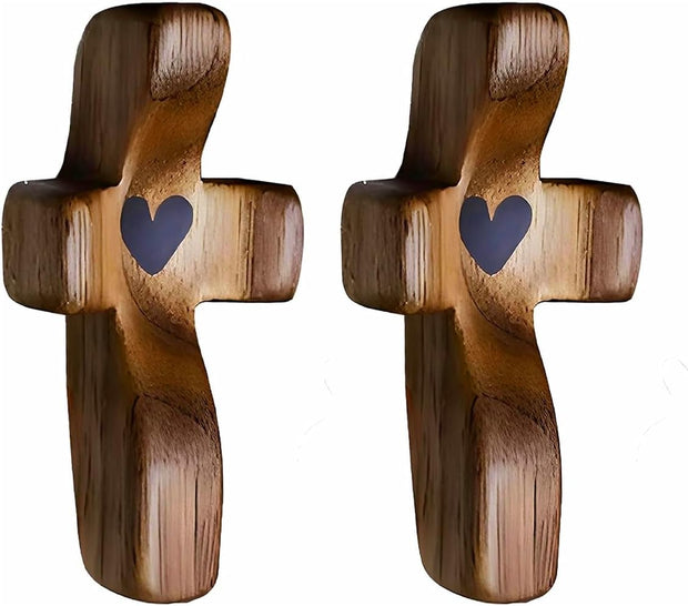 Tiardey 2Pcs Wooden Crosses Handheld Wooden Protection Cross Jesus Wooden Heart-Shaped Stress Relief Cross My Heart Encourages Gifts Thumb-Held Cross for Prayer