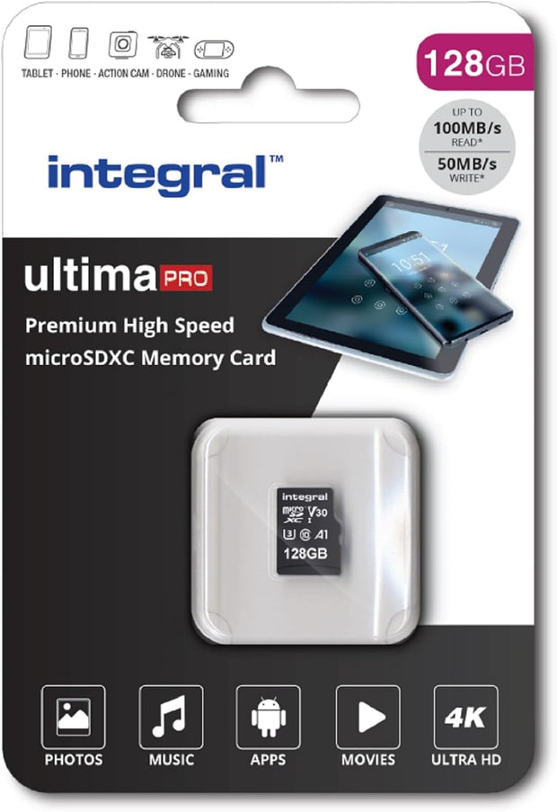Integral 128GB Micro SD Card 4K Video Premium High Speed Memory Card SDXC up to 100MB S Read and 50MB S Write Speed V30 C10 U3 UHS-I A1
