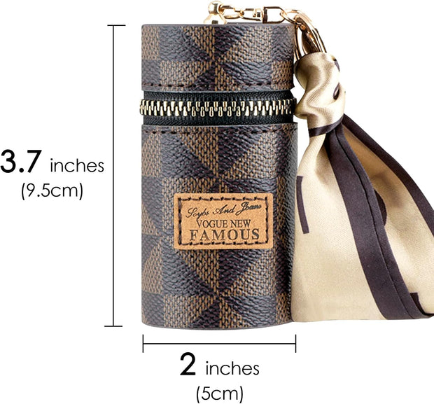 Adorila Mini Leather Lip Gloss Case, Travel Lipstick Bag with Keychain, Brown