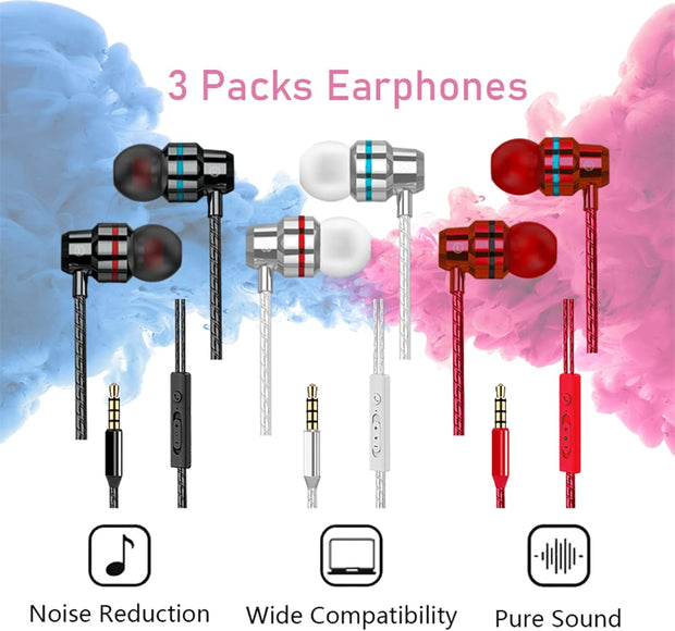 Yatloml 3 Pack Earphones, Wired In-Ear Headphones Earphones with Microphone and Volume Control, Noise Isolating and Deep Bass, Lightweight 3.5 Mm Earbuds Compatible with Iphone, Ipad, Android