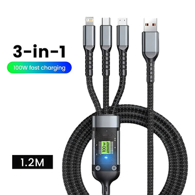 Transparent Luminous 3-In-1 Super Fast Charging Cable, 3 in 1 Charging Cable, Compatible with Phone/Android/Tabl